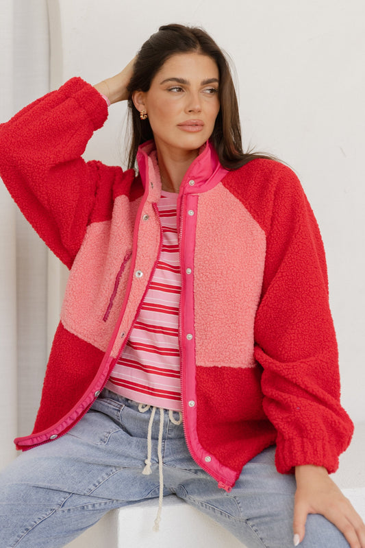 Image of Coats & Jackets. Product name - Franklin Fleecy Jacket Pink/Red in Pink/Red colour by brand - Betty Basics