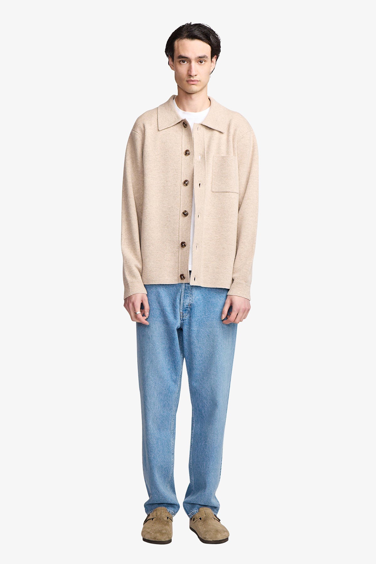 Image of a model wearing Outerwear. Productname: Anthony Squires Heavy weight fawn cashmere blend cardigan in Fawn colour by brand - Anthony Squires