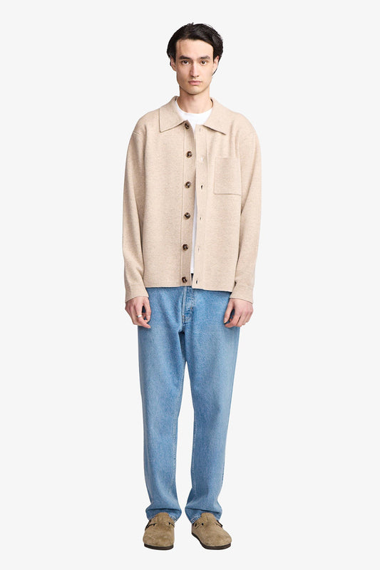 Image of a model wearing Outerwear. Productname: Anthony Squires Heavy weight fawn cashmere blend cardigan in Fawn colour by brand - Anthony Squires