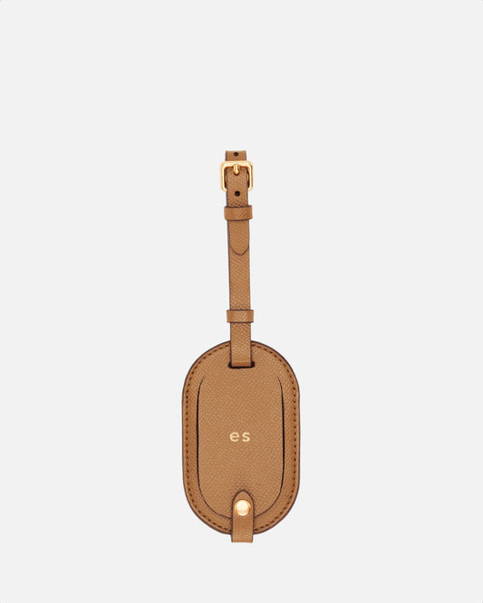 Image of Badge & Pass Holders. Product name - Essential Round Luggage Tag Recycled Saffiano Rich Tan in Tan colour by brand - GROUP48