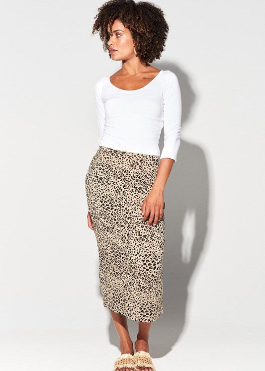 Image of a model wearing Skirts. Product name - Maxi Bamboo Whitney Tube Skirt Brown Leopard in Brown Leopard colour by brand - Lou Lou