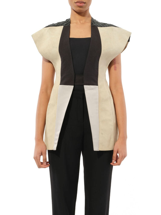 Image of a model wearing Outerwear. Productname: RICK OWENS Leather Jacket in Combo colour by brand - RICK OWENS