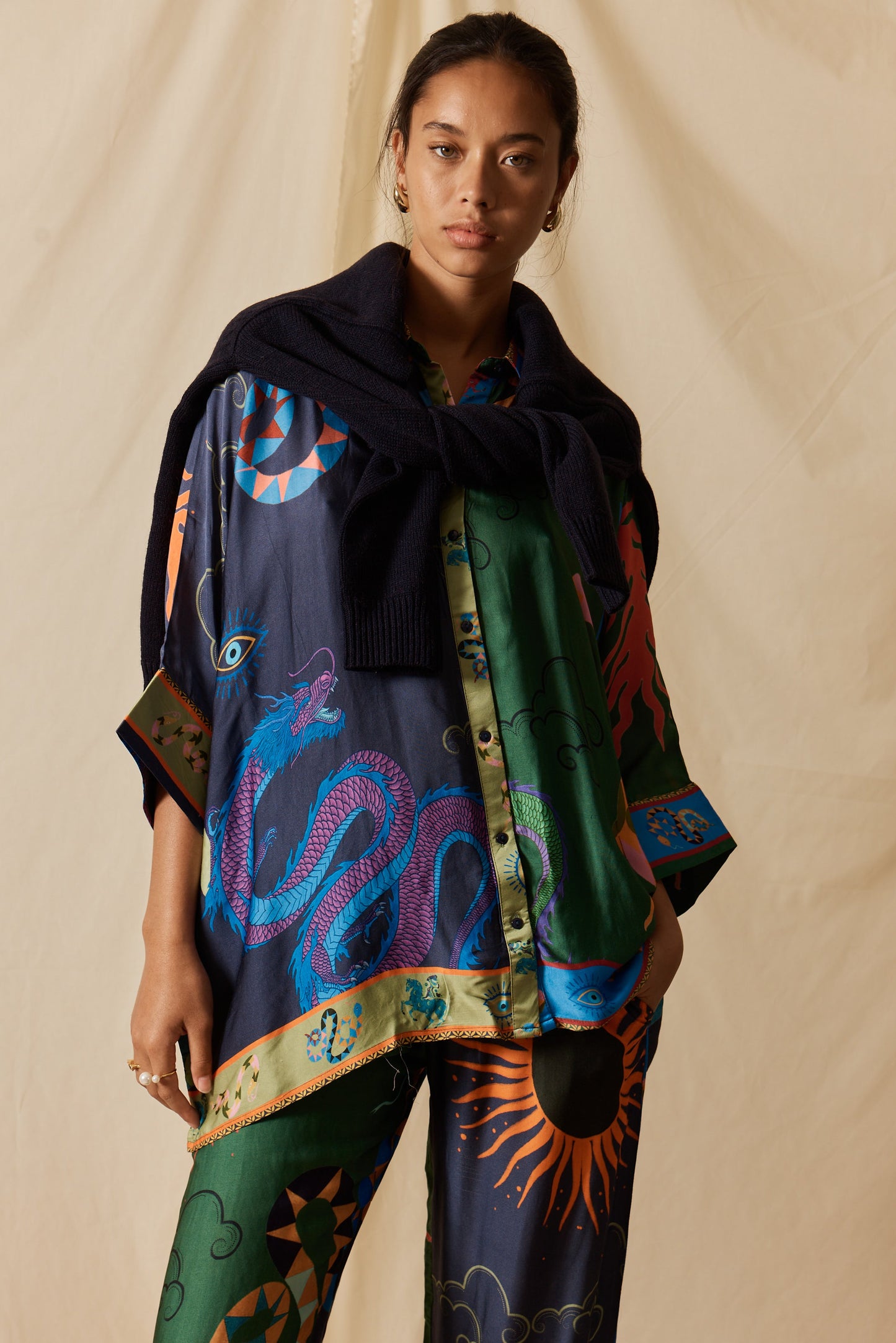 Image of a model wearing Tops. Product name - LulaSoul Kamloops Kaftan Top Multi in Multi colour by brand - LulaSoul