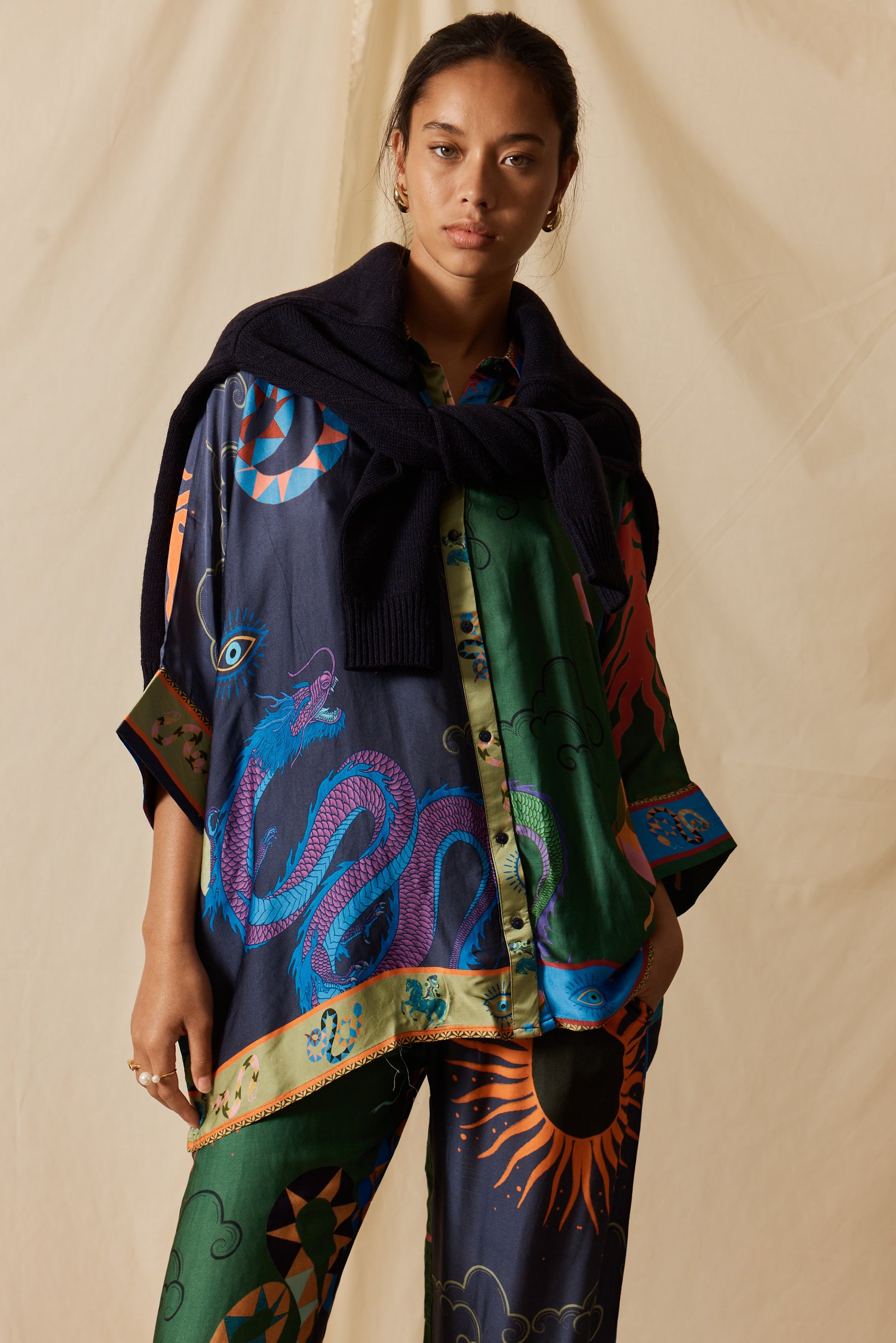 Image of a model wearing Tops. Product name - LulaSoul Kamloops Kaftan Top Multi in Multi colour by brand - LulaSoul