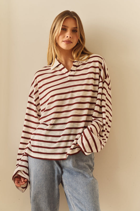 Image of a model wearing Tops. Product name - Tate Rugby Top in White Burgundy colour by brand - Sass Clothing