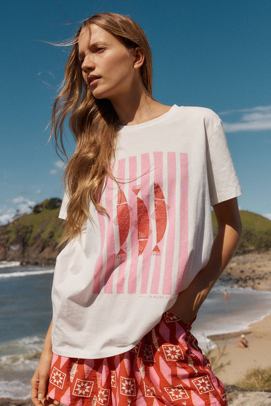 Image of a model wearing Tops. Productname: Betty Basics Ellia Crew Tee Sardinia Print in Sardinia Print colour by brand - Betty Basics