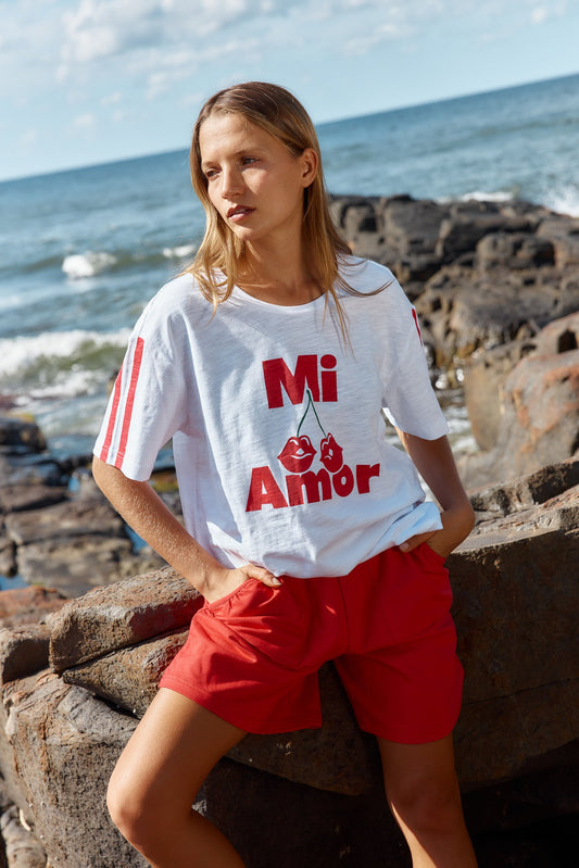 Image of a model wearing Tops. Productname: Betty Basics Relax Boxy Tee Cherry Print in Cherry Print colour by brand - Betty Basics