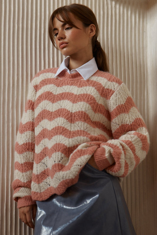 Image of a model wearing Outerwear. Product name - Nikkita Wavy Stripe Knit Cream/Pink in Cream/Pink colour by brand - Sass Clothing
