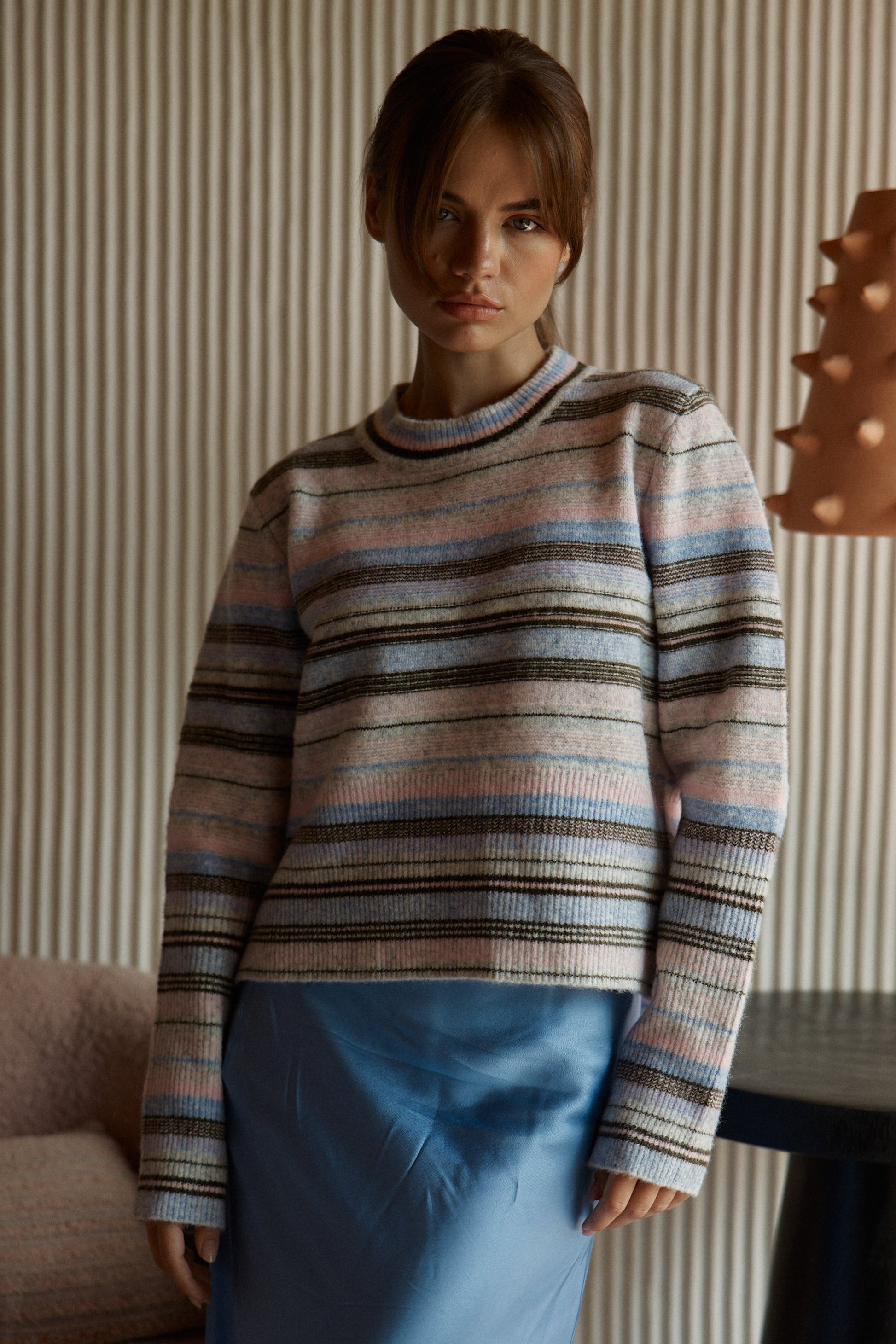 Image of a model wearing Outerwear. Product name - Ashlee Knit Jumper Multi in Multi colour by brand - Sass Clothing