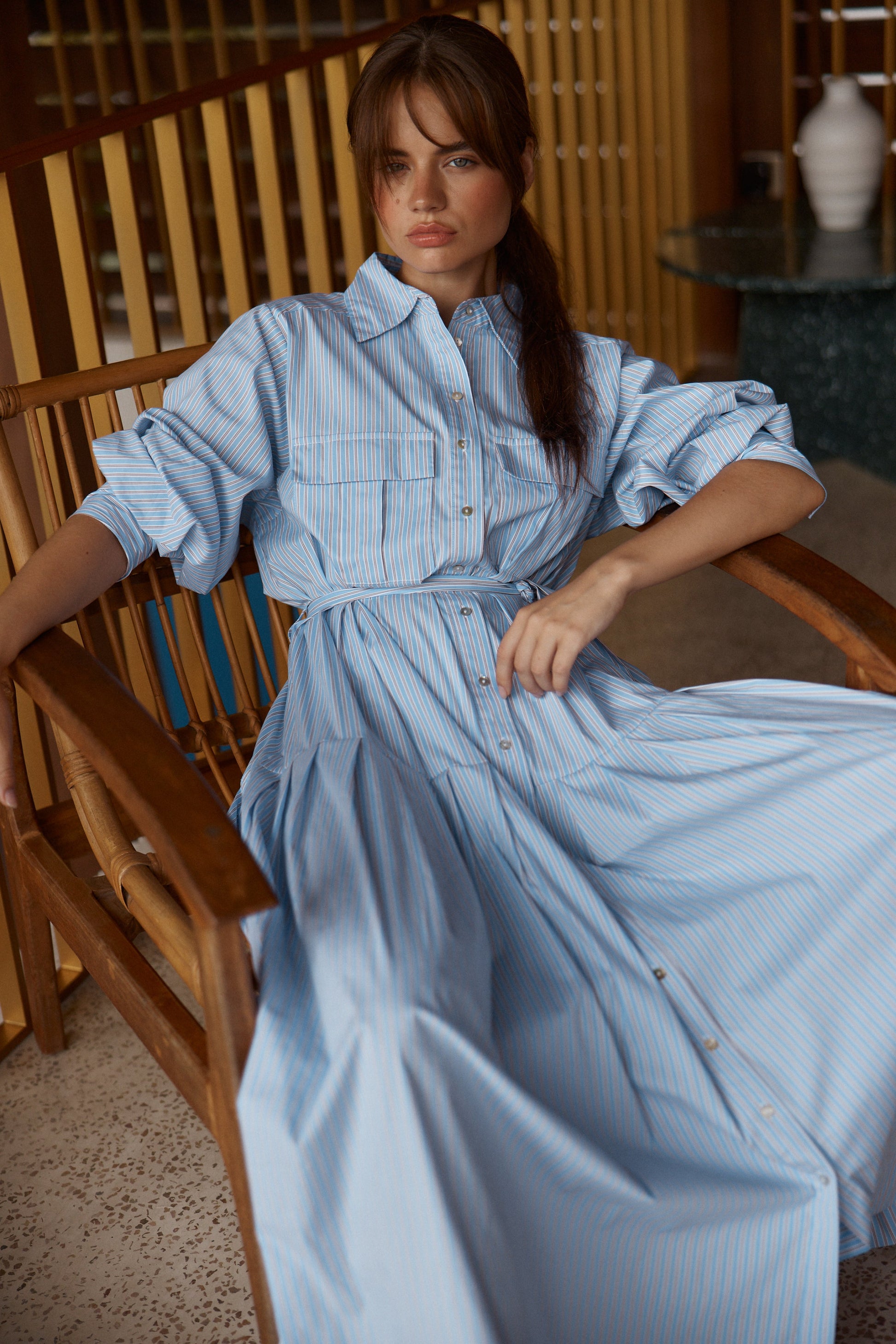 Image of Dresses. Product name - Christa Stripe Shirt Dress Blue Choc Stripe in Blue Choc Stripe colour by brand - Sass Clothing