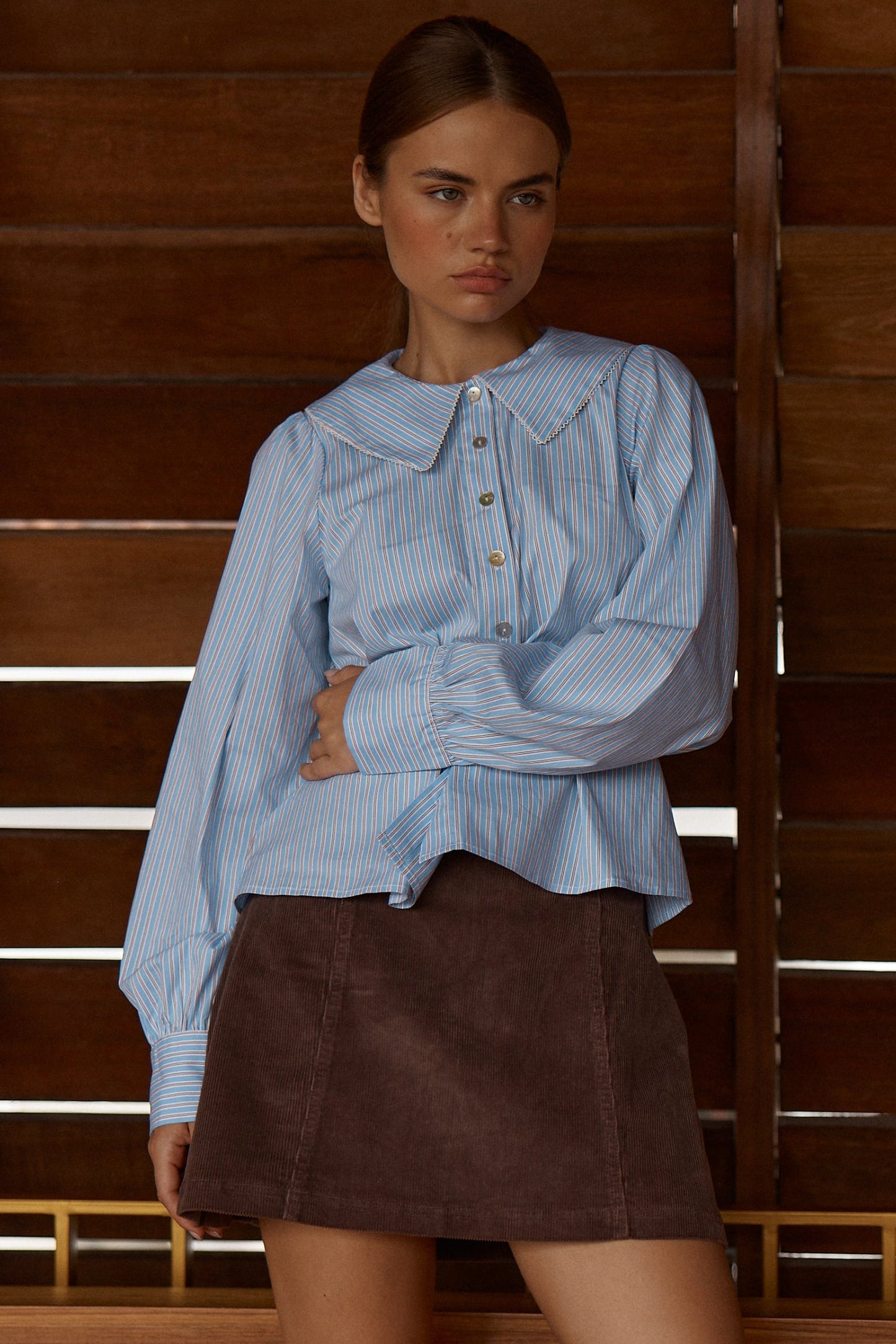 Image of Blouses. Product name - Gypsy Large Collared Shirt Blue Choc Stripe in Blue Choc Stripe colour by brand - Sass Clothing