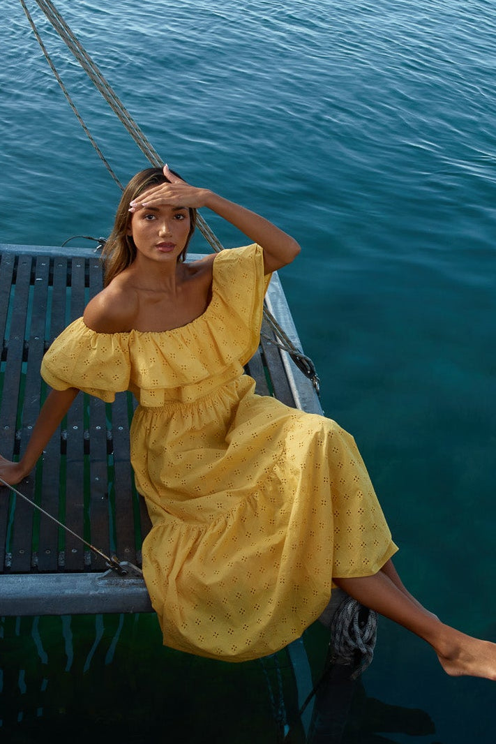 Image of Dresses. Product name - Lenny Ruffle Off Shoulder Dress Yellow in Yellow colour by brand - Sass Clothing