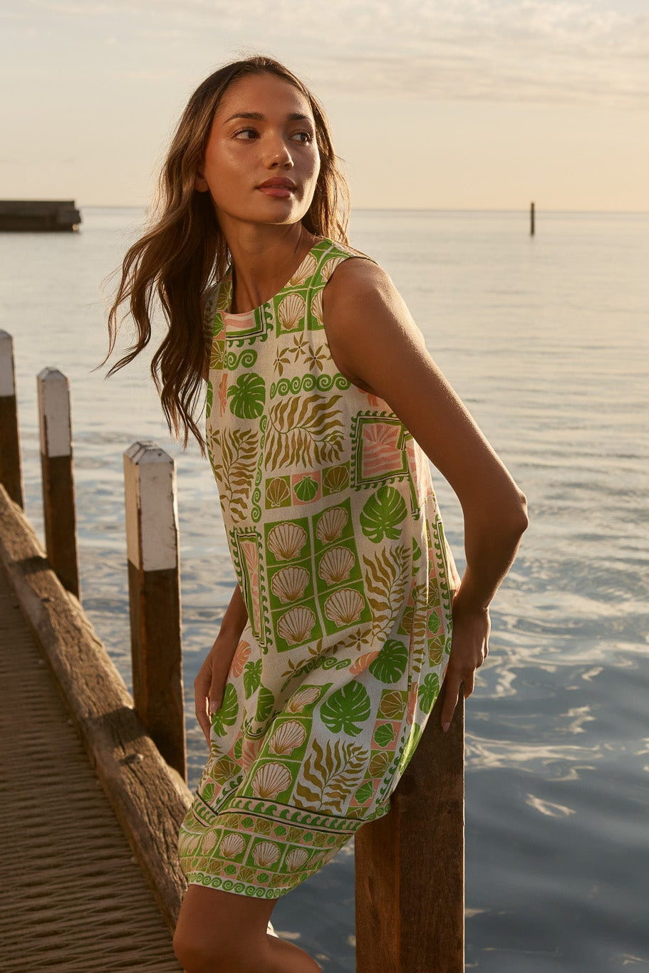Image of Dresses. Product name - Emmett Tie Back Shift Dress Green Shell Patchwork in Green Shell Patchwork colour by brand - Sass Clothing