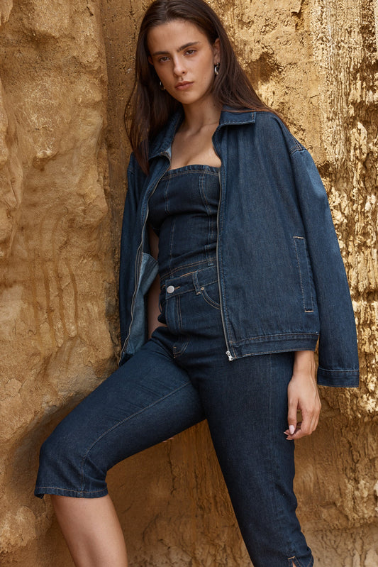 Image of Coats & Jackets. Product name - Kumi Zip Denim Jacket Rinse Wash in Rinse Wash colour by brand - Sass Clothing