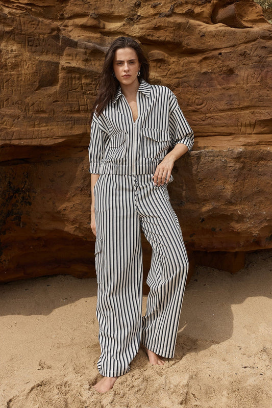 Image of a model wearing Pants. Product name - May Tie Waist Cargo Black Cream in Black Cream colour by brand - Sass Clothing