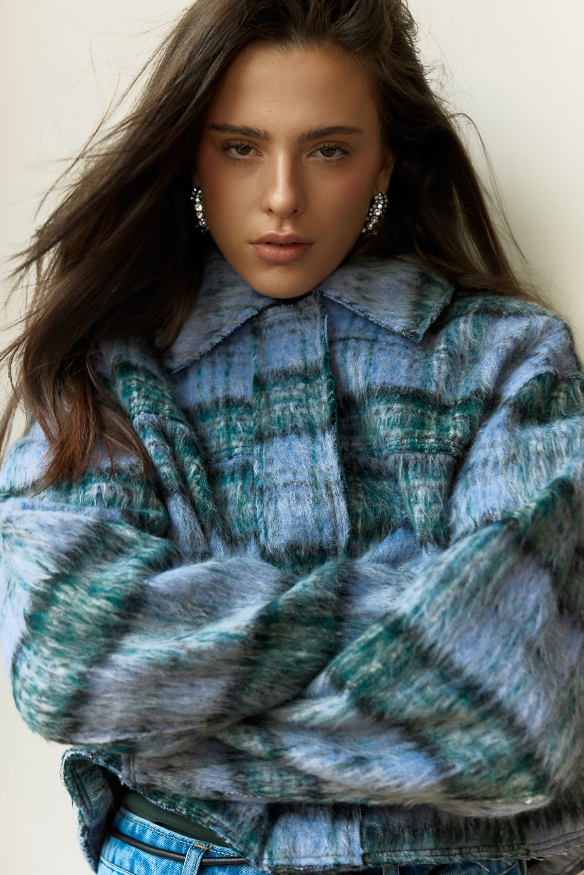 Image of a model wearing Outerwear. Product name - Zoe Cropped Coat in Purple Check colour by brand - Sass Clothing