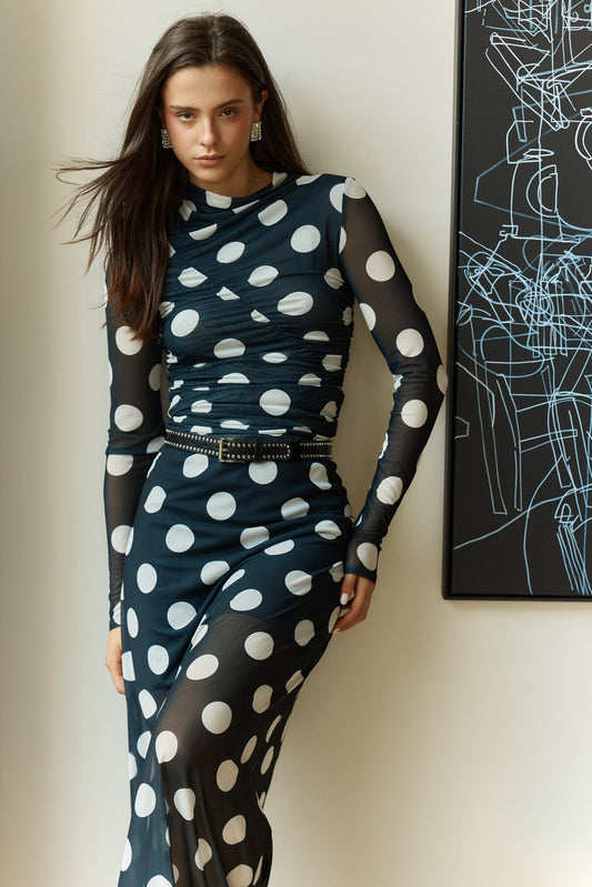 Image of a model wearing Skirts. Product name - Pammie Mesh Skirt in Spot colour by brand - Sass Clothing