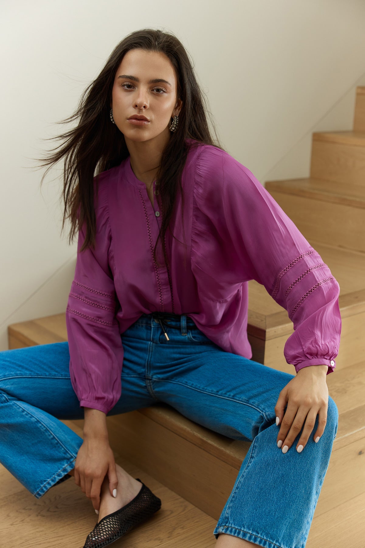 Image of a model wearing Tops. Product name - Nic Trim Blouse in Fuschia colour by brand - Sass Clothing