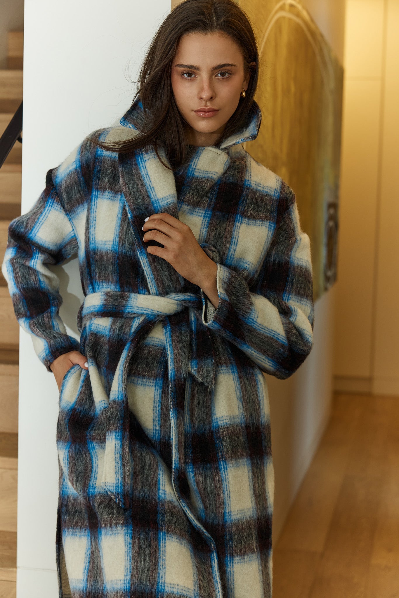 Image of a model wearing Outerwear. Product name - Kit Longline Coat in Check colour by brand - Sass Clothing