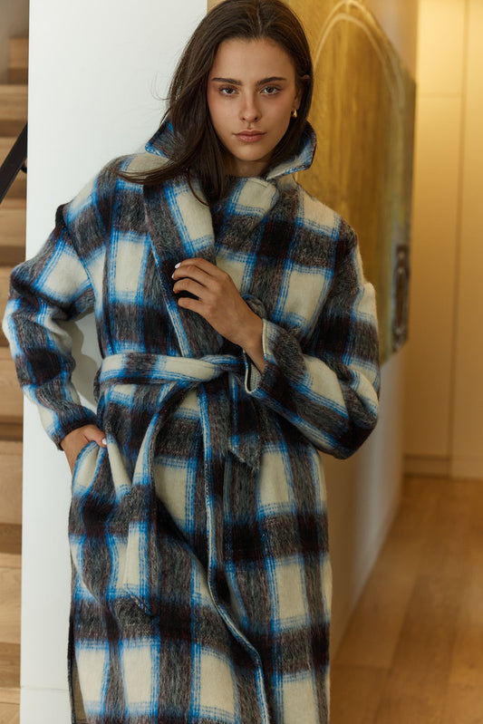 Image of a model wearing Outerwear. Product name - Kit Longline Coat in Check colour by brand - Sass Clothing