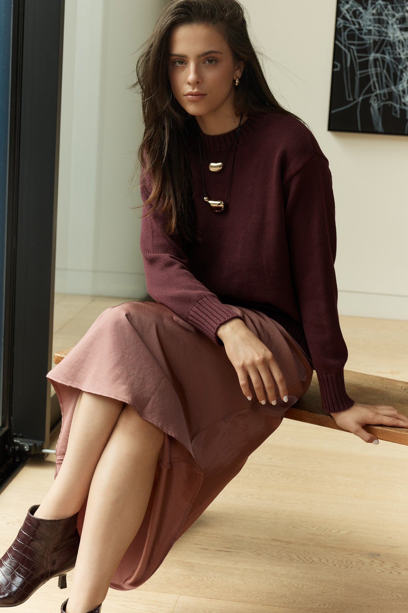 Image of a model wearing Outerwear. Product name - Ivy Cotton Knit in Burgundy colour by brand - Sass Clothing