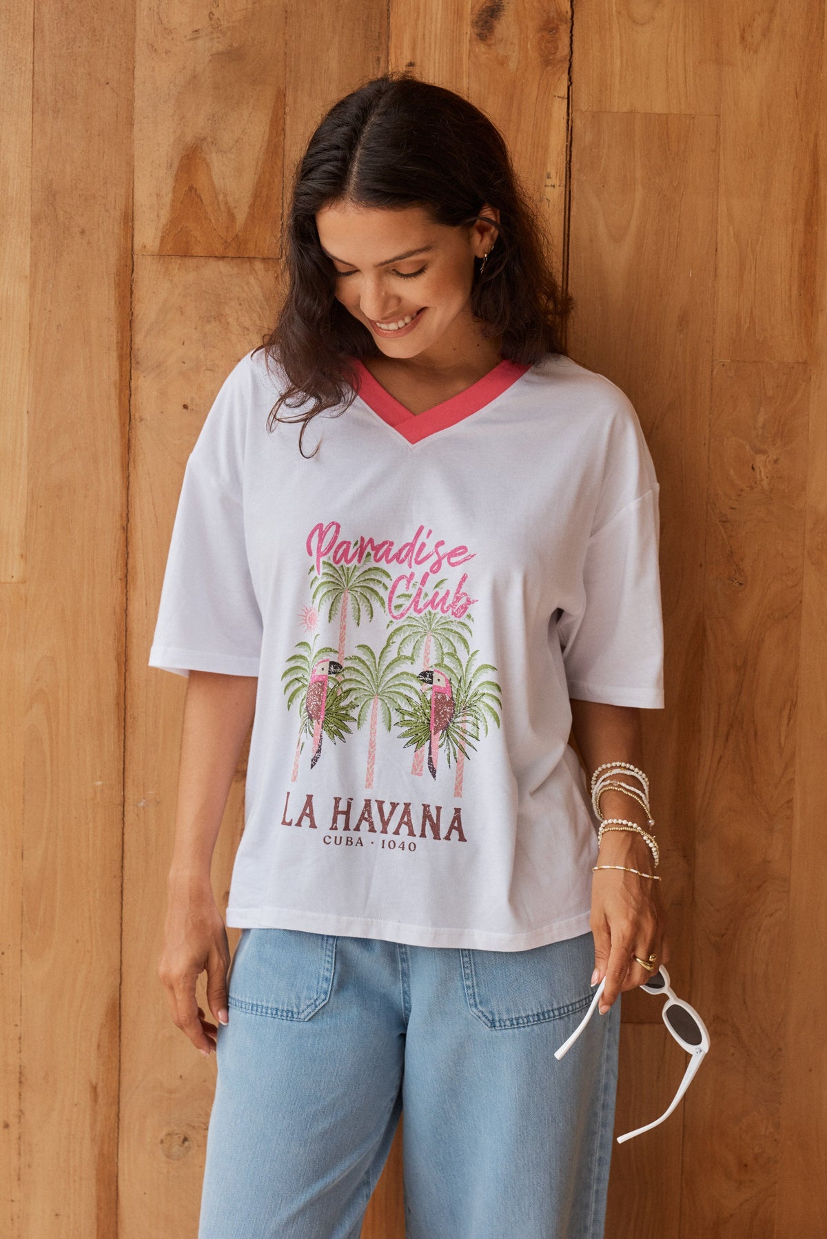 Image of T-Shirts. Product name - V-Neck Boxy Cotton Tee Paradise Club Print in Paradise Club Print colour by brand - Betty Basics