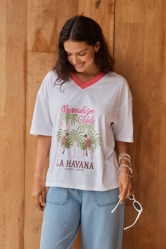 Image of T-Shirts. Product name - V-Neck Boxy Cotton Tee Paradise Club Print in Paradise Club Print colour by brand - Betty Basics