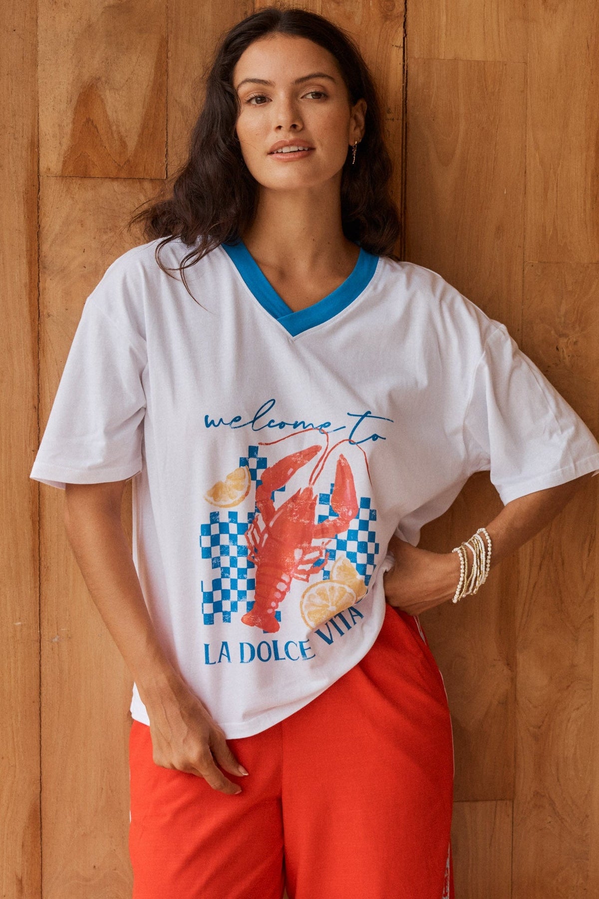 Image of T-Shirts. Product name - V-Neck Boxy Cotton Tee La Dolce Vita Print in La Dolce Vita Print colour by brand - Betty Basics