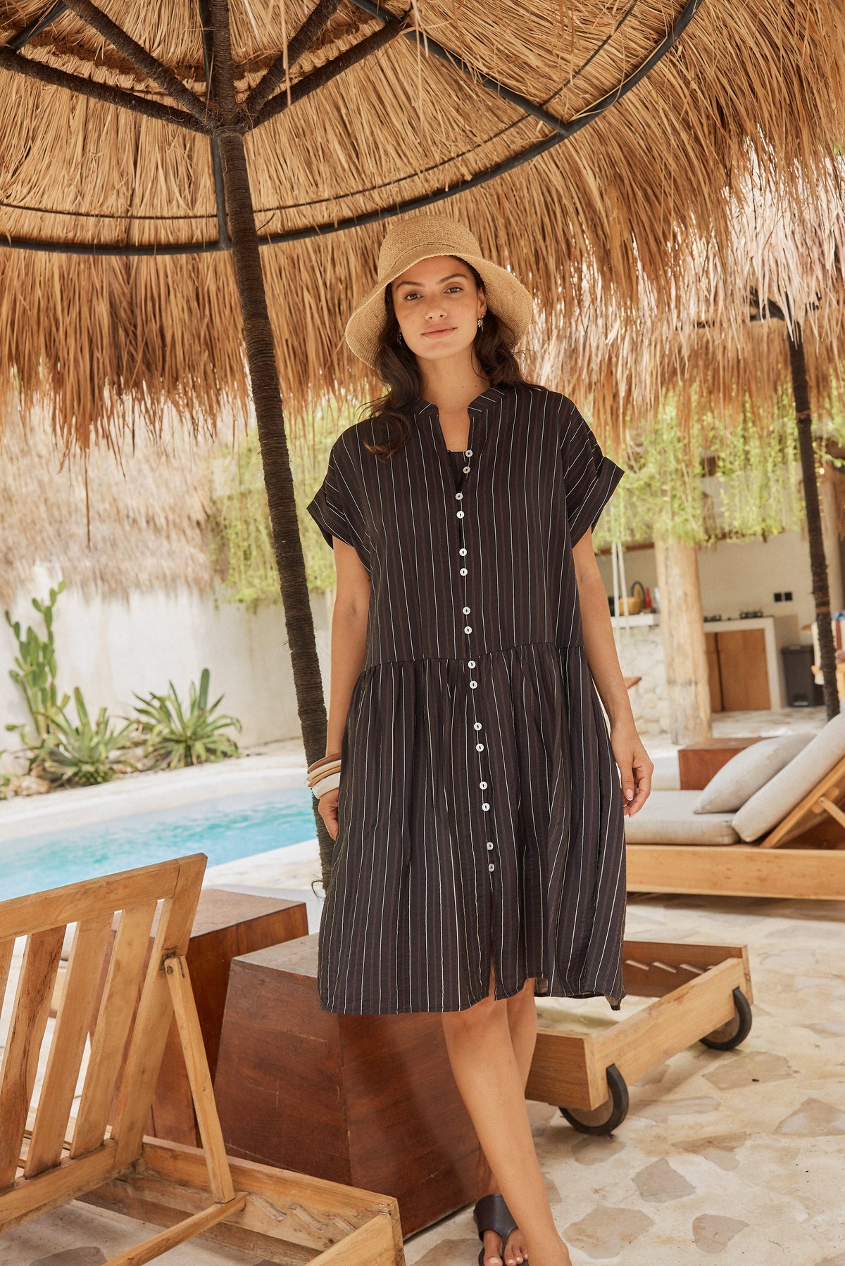 Image of Dresses. Product name - Sandy Drawstring Waist Dress Brown Stripe in Brown Stripe colour by brand - Betty Basics