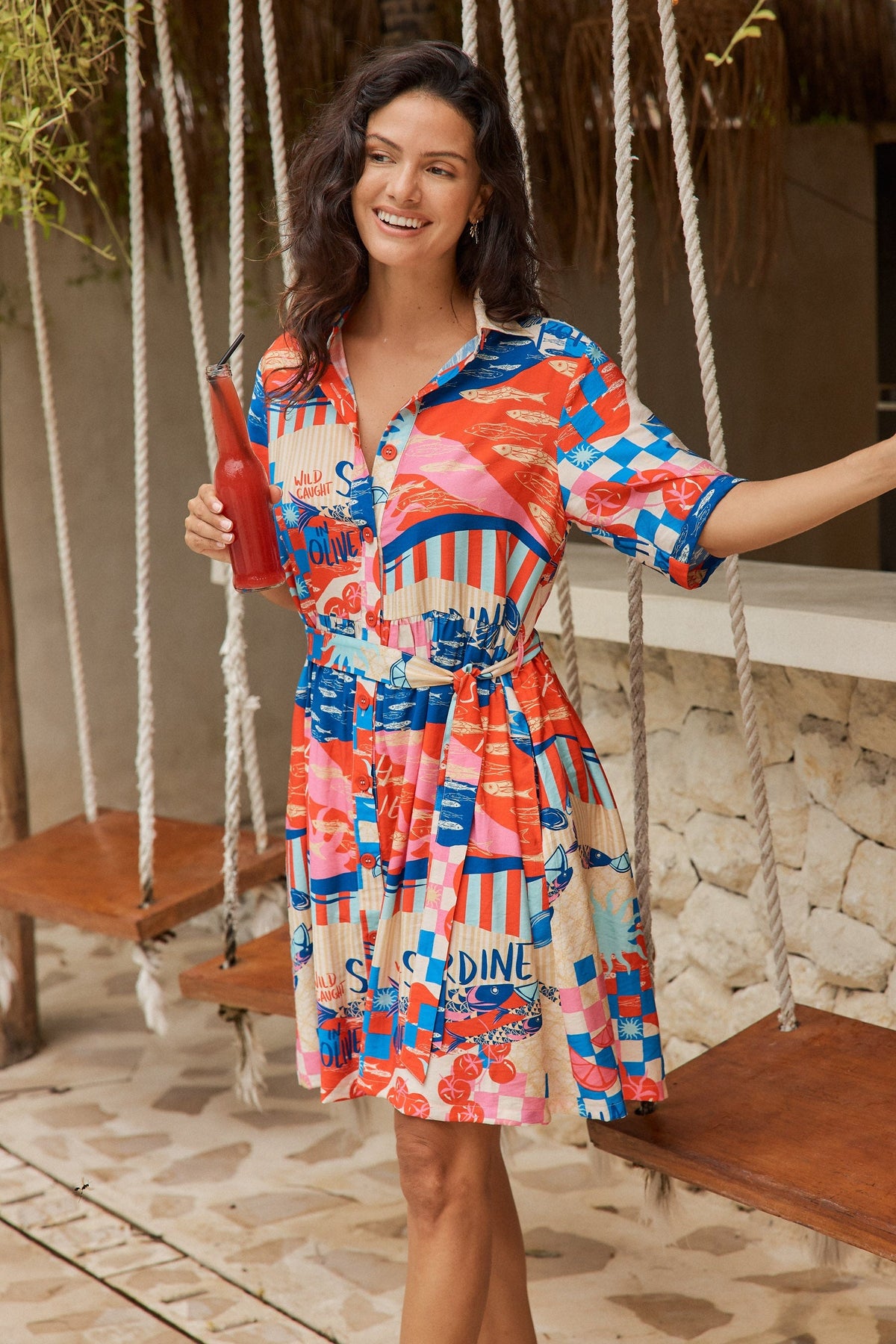 Image of Dresses. Product name - Palm Linen Blend Shirt Dress Mediterranean Print in Mediterranean Print colour by brand - Betty Basics