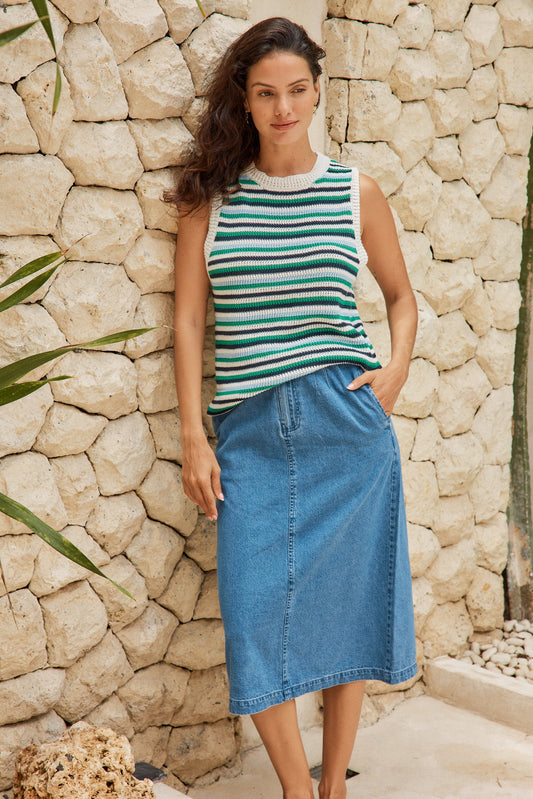 Image of a model wearing Tops. Product name - Roni Knit Tank Blue/Green Combo in Blue/Green Combo colour by brand - Betty Basics