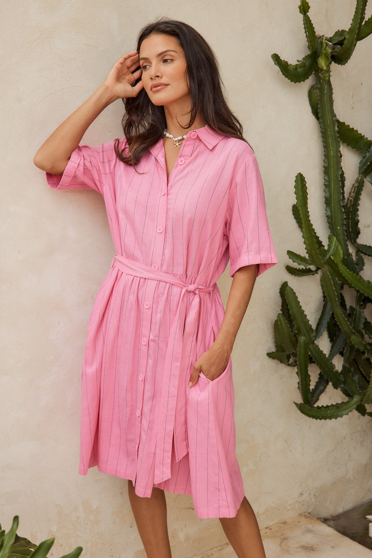 Image of Dresses. Product name - Palm Linen Blend Shirt Dress Pink/Teal Stripe in Pink/Teal Stripe colour by brand - Betty Basics