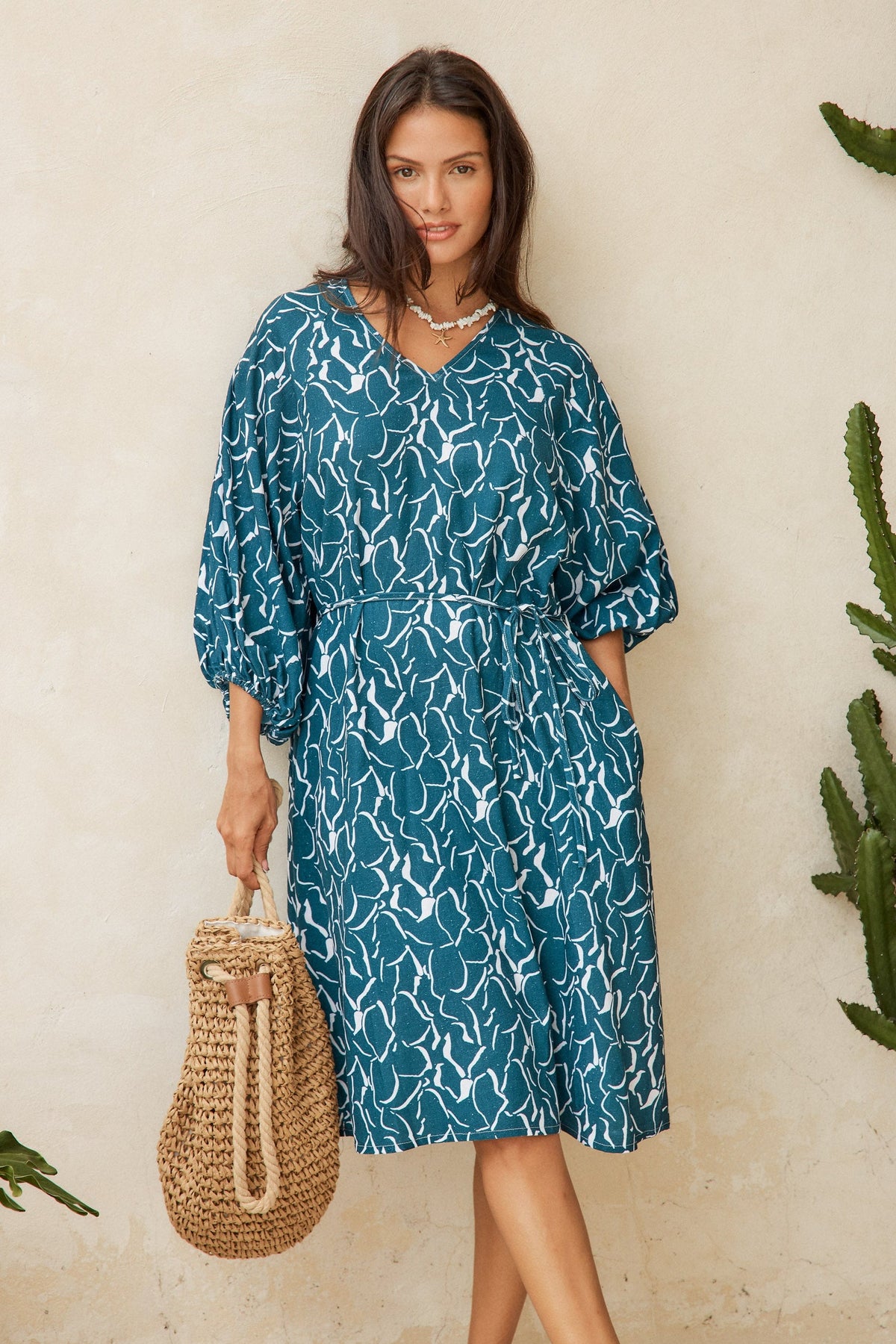 Image of Dresses. Product name - Bella Linen Blend Midi Dress Teal Petal Print in Teal Petal Print colour by brand - Betty Basics
