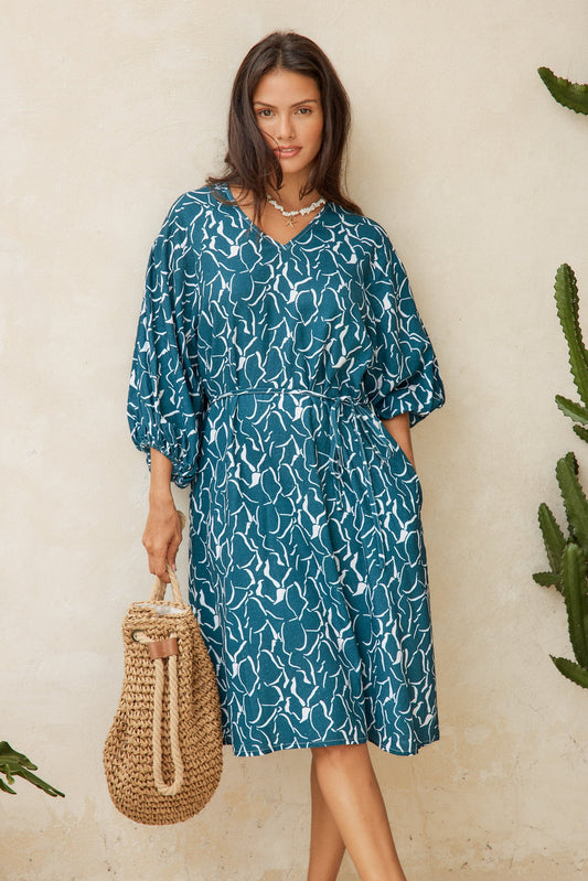 Image of Dresses. Product name - Bella Linen Blend Midi Dress Teal Petal Print in Teal Petal Print colour by brand - Betty Basics