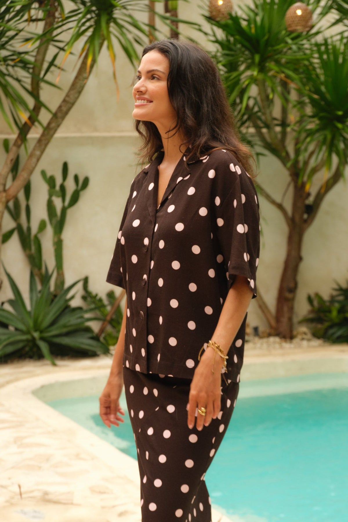 Image of Shirts. Product name - Sable Linen Blend Shirt Pink/Choc Polka Dot in Pink/Choc Polka Dot colour by brand - Betty Basics