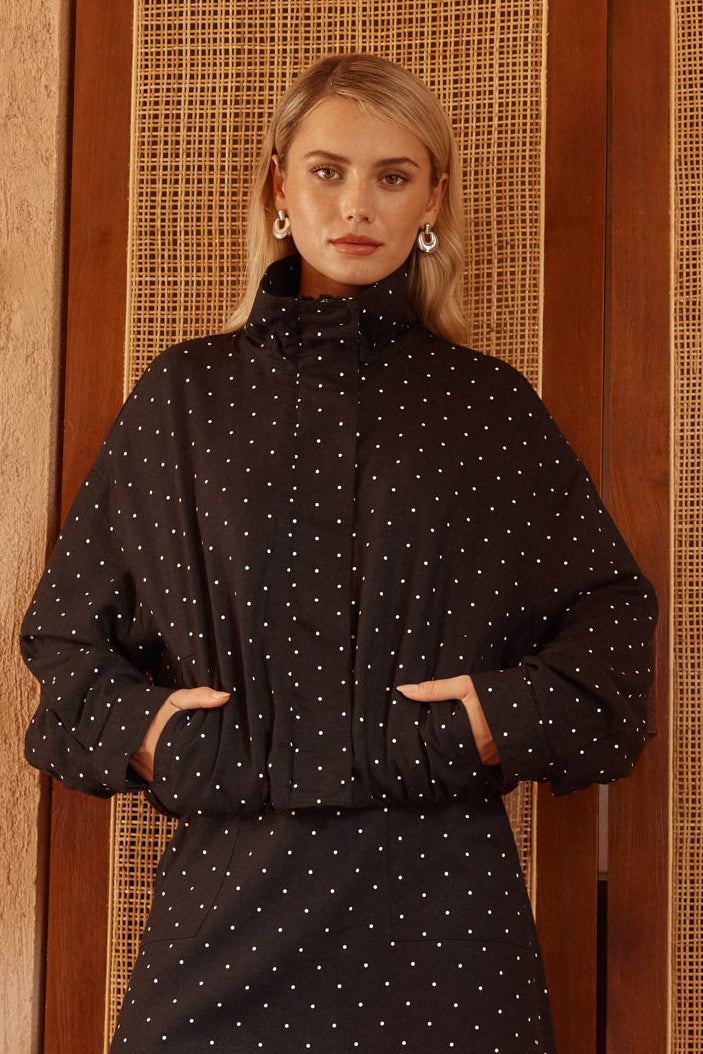 Image of Coats & Jackets. Product name - Brookie Spot Bomber Jacket Black/White in Black/ White colour by brand - Sass Clothing