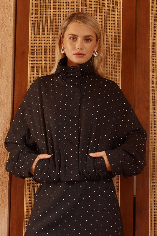 Image of Coats & Jackets. Product name - Brookie Spot Bomber Jacket Black/White in Black/ White colour by brand - Sass Clothing