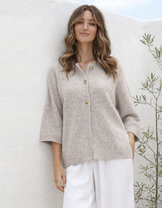 Image of a model wearing Outerwear. Product name - Lennox Quarter Sleeve Cardi Taupe in Taupe colour by brand - 132 Fashion