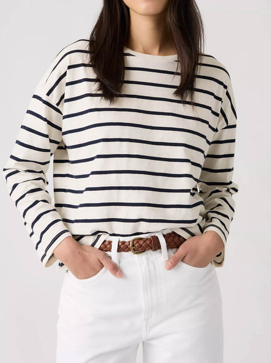 Image of a model wearing Tops. Product name - Levi'S Julie Slub Stripe Long Sleeve Top in Egret/Navy colour by brand - Levis