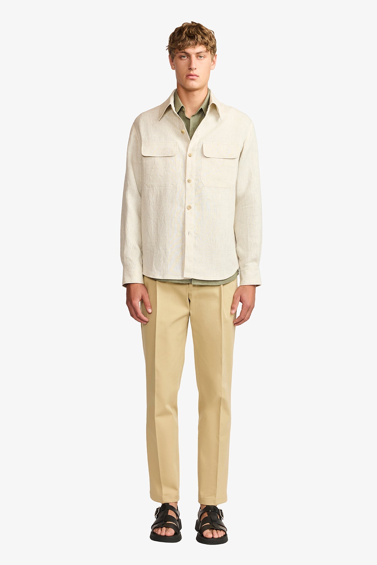 Image of a model wearing Outerwear. Product name - Overshirt linen in Linen colour by brand - Anthony Squires