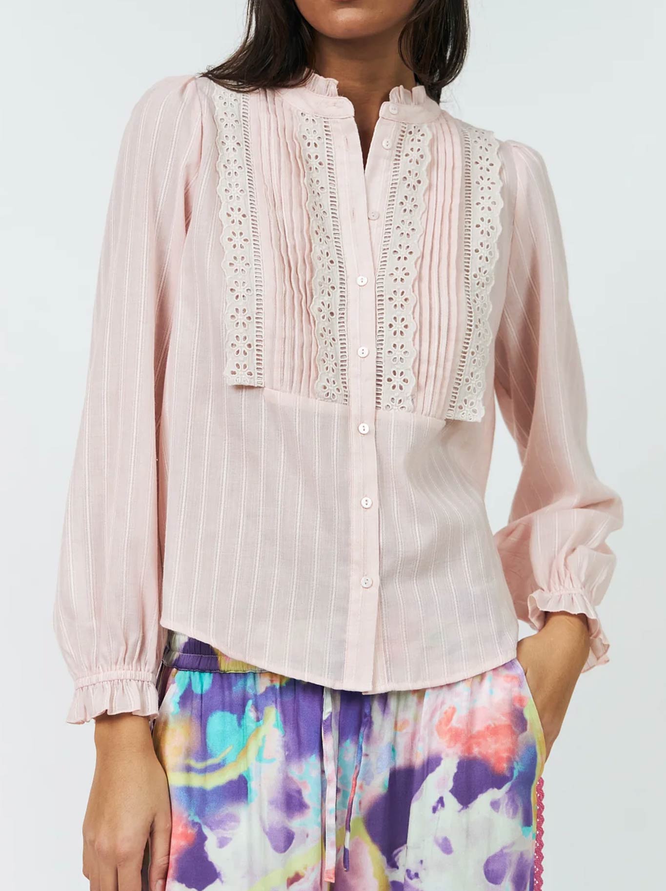 Image of a model wearing Tops. Product name - Lolly'S Laundry Ariel Shirt in Light Pink colour by brand - Lollys Laundry