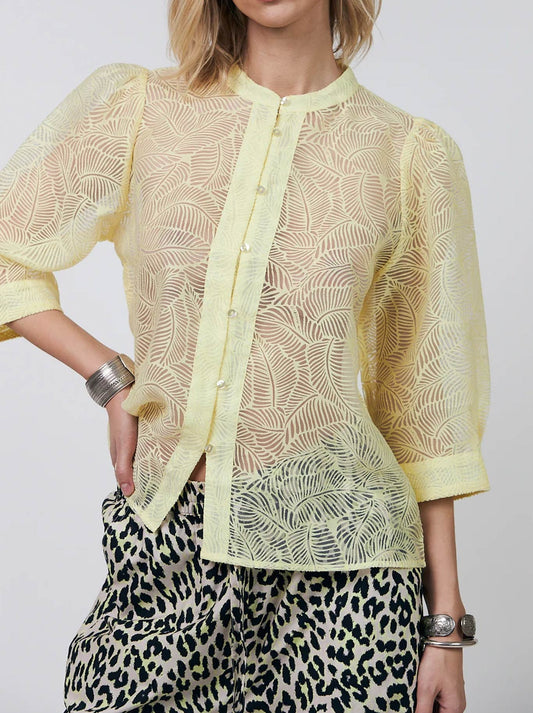 Image of a model wearing Tops. Product name - Lolly'S Laundry Bono Shirt in Light Yellow colour by brand - Lollys Laundry