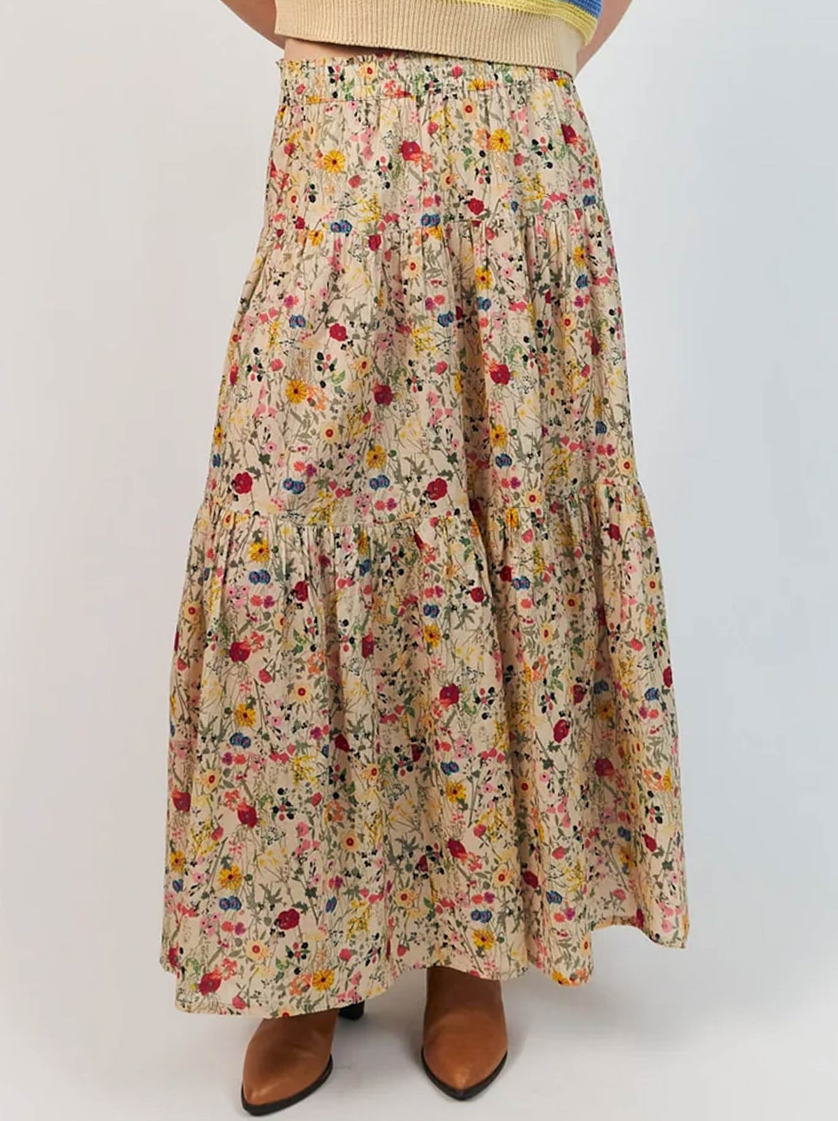 Image of a model wearing Skirts. Product name - LOLLYS LAUNDRY SUNSET MAXI SKIRT in Flower colour by brand - Lollys Laundry