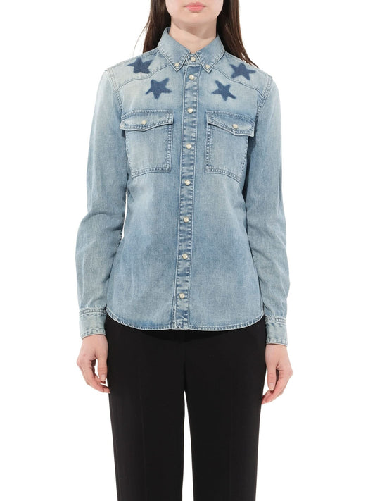 Image of a model wearing Denim. Productname: GIVENCHY Long Sleeve Denim Shirt in Blue colour by brand - GIVENCHY