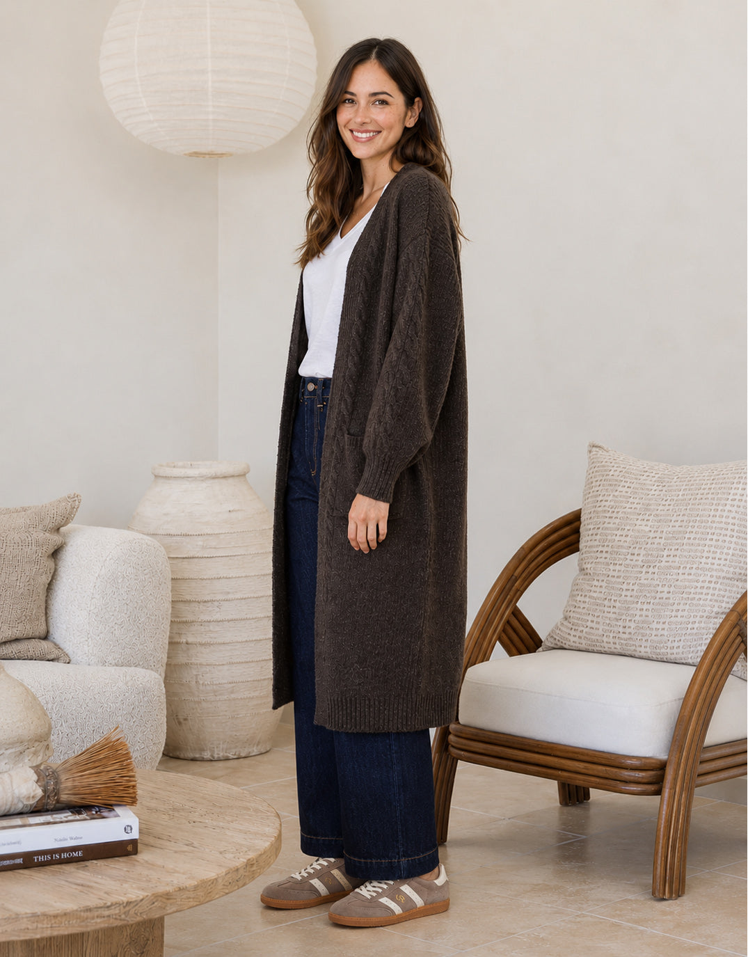 132 Fashion Longline Cable Cardi (Chocolate)