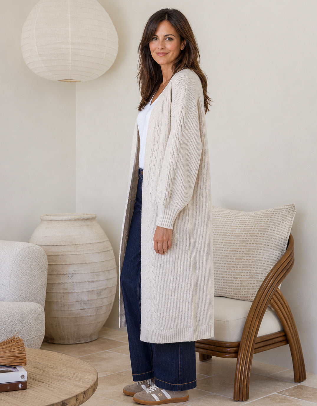 132 Fashion Longline Cable Cardi Latte (Beige)