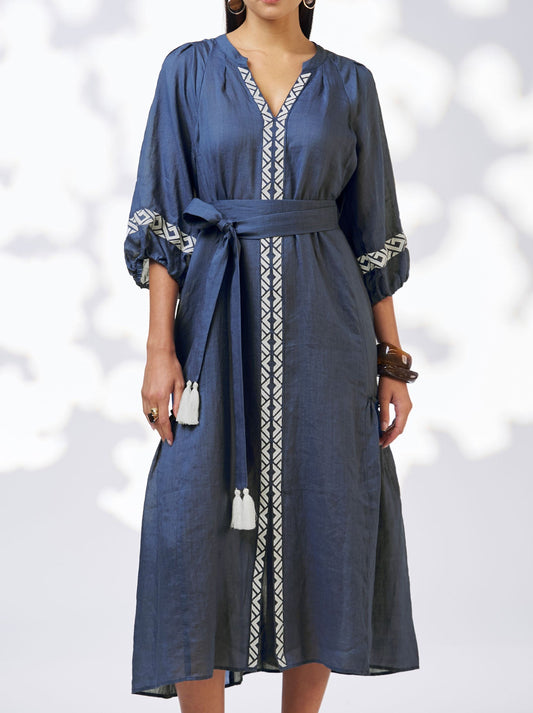 Image of Dresses. Product name - LOOBIE'S STORY MAYA MIDI DRESS in Denim Blue colour by brand - Loobies Story