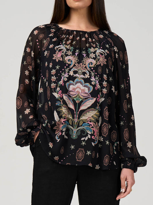 Image of a model wearing Tops. Product name - Loobie'S Story Antionette Top in Black/Multi colour by brand - Loobies Story