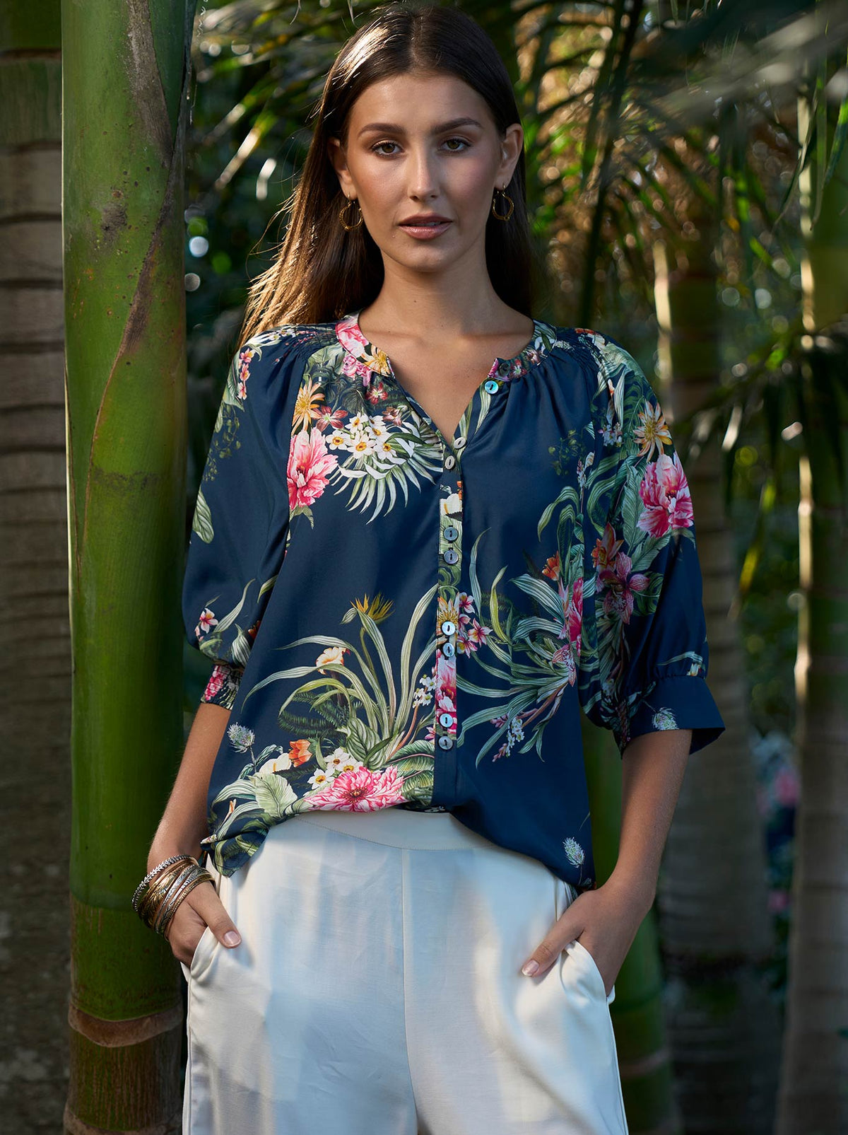 Image of a model wearing Tops. Product name - Loobie'S Story Ayana Shirt in Indigo colour by brand - Loobies Story