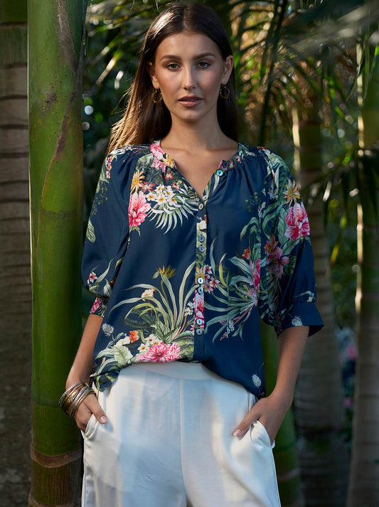 Image of a model wearing Tops. Product name - Loobie'S Story Ayana Shirt in Indigo colour by brand - Loobies Story
